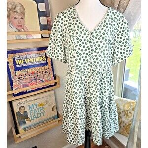 Valleygirl Dress Womens 14 White Green Floral Tiered Babydoll Short Sleeve Boho